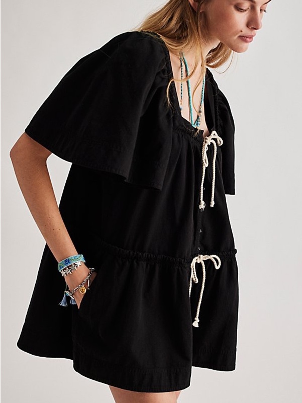 Free People County Line Black Short-Sleeve Romper with Cream Drawstring
